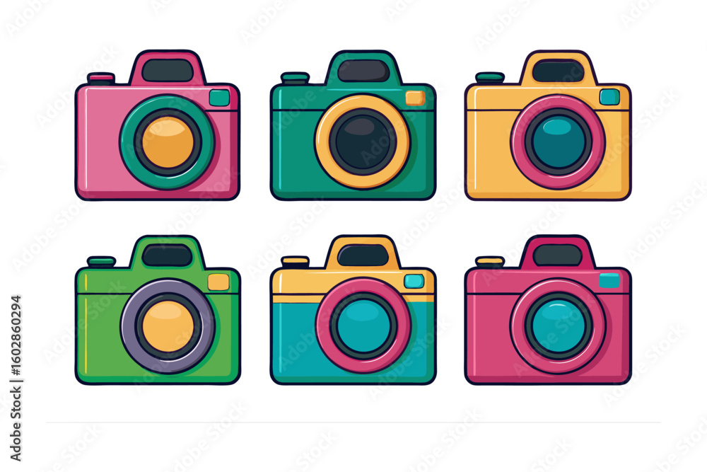 Poster a vibrant collection of six retro style digital cameras in various bright and cheerful color combina