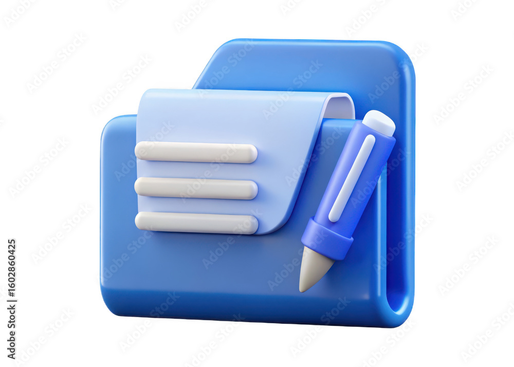 Poster 3d blue folder with pen icon for documents and notes isolated on transparent background