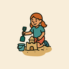 Red-haired girl making sandcastle with teal shirt, shovel and bucket, fun childhood summer activity illustration
