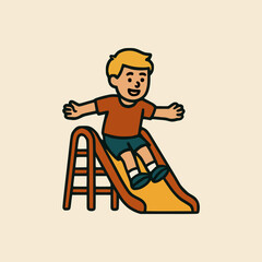 Smiling child enjoying slide activity on playground, vector cartoon character with summer outfit and open arms