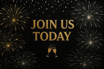 Festive invitation design featuring gold text "Join Us Today" with champagne glasses and sparkling fireworks on a black background, ideal for celebrations or events.