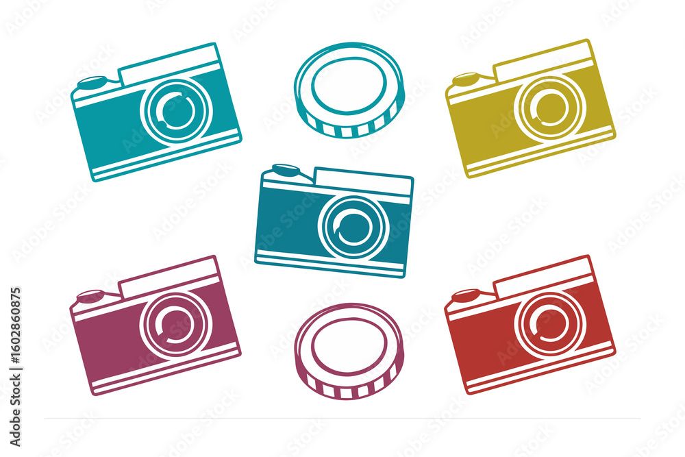 Aufkleber a vibrant collection of retro camera illustrations in various colors arranged in a playful scattered