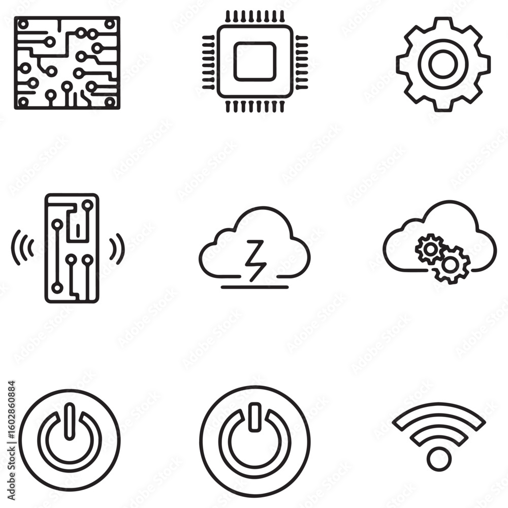 Aufkleber Set of modern technology icons featuring circuitry, cloud computing, and wireless connectivity in outline style