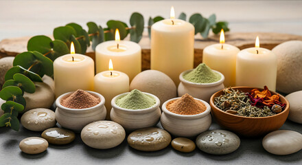 Spa Still Life: Candles, Herbs, and Smooth Stones