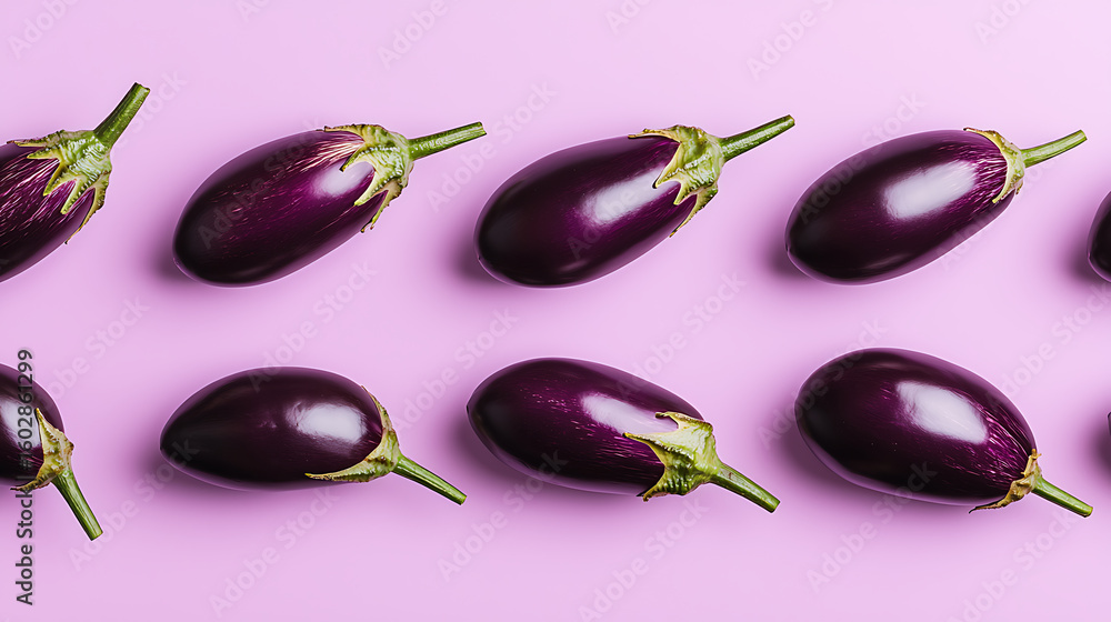 Poster eggplant pattern: a vibrant arrangement of fresh eggplants on a solid color backdrop creates a simpl