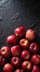 Glossy red apples with soft shadows and dark textured background, clean food composition, vertical imagemobile wallpaper.