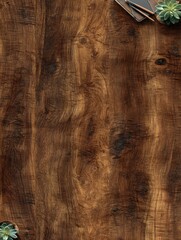 Overhead view of a dark brown wood surface with small succulents and stationery items at the top and bottom