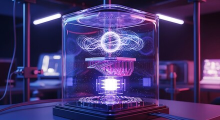 Obraz premium Displaying Futuristic Technology in Glass Case with Light Effects
