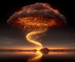 the image showcases a stunning scene with a large, dark cloud hovering over a body of water
