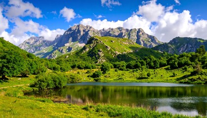 Mountain lake panorama under a summer sky