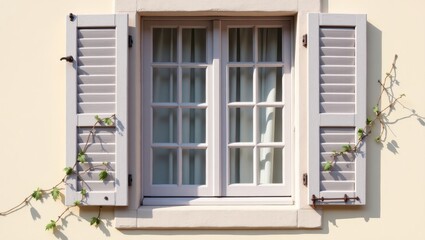 Fototapeta premium Light gray shutters on a light beige wall.