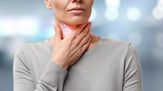 Thyroid gland concept ,Womans expression of concern over throat discomfort, highlighting health and anatomy with glowing