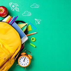 Back to School: Yellow Backpack, Supplies, Alarm Clock, Teal Background, Childlike Drawings, Bright, Cheerful, Ready for Learning.