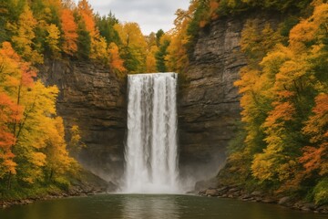 Majestic Waterfall Cascading in Autumn: A breathtaking high-angle view unveils a powerful waterfall cascading down a rugged rock formation, its waters flowing into a serene pool below.