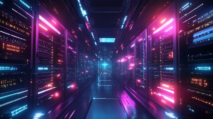 Futuristic Server Room Hallway with Neon Accents and Complex Data Systems