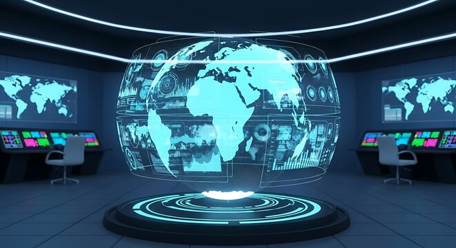 Global Data Visualization Globe Hologram in Modern Control Room