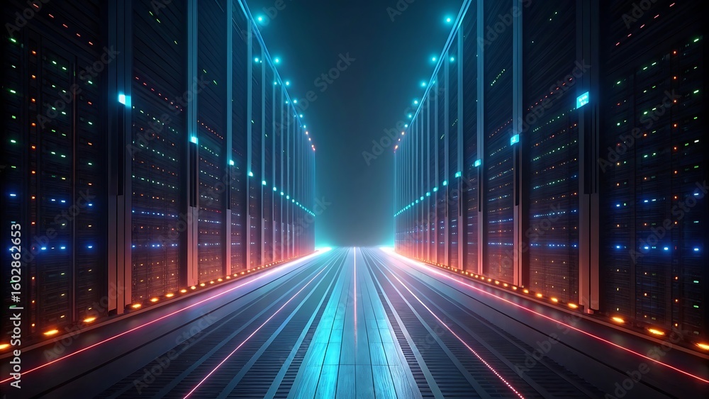 Aufkleber rows of illuminated server racks with glowing lights and neon lines data center
