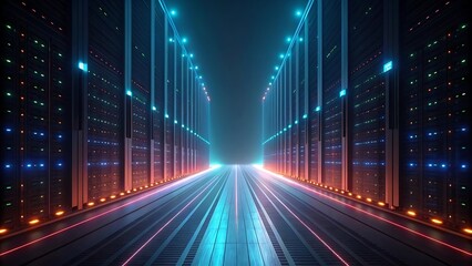 Rows of illuminated server racks with glowing lights and neon lines data center