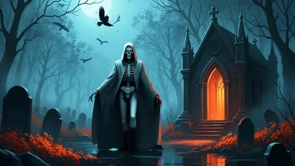 The grim reaper stands in a misty graveyard next to a gothic mausoleum under a full moon with crows flying - Powered by Adobe