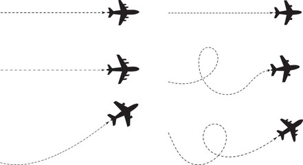 Silhouettes of Airplanes with Dotted Flight Paths Set