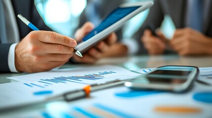 Fototapeta premium Business Professionals Analyzing Data on Tablet and Charts at Meeting