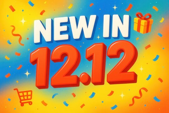 Festive graphic promoting a sale or event on December 12th, featuring bright colors, confetti, a shopping cart icon, and a gift box illustration.