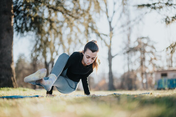 Focused young woman performs complex yoga move on grass in the serene surroundings of a sunlit park...
