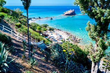 A view of the beautiful coast of Cyprus with its azure waters. The most beautiful places and attractions in Cyprus, the Akamas Peninsula.