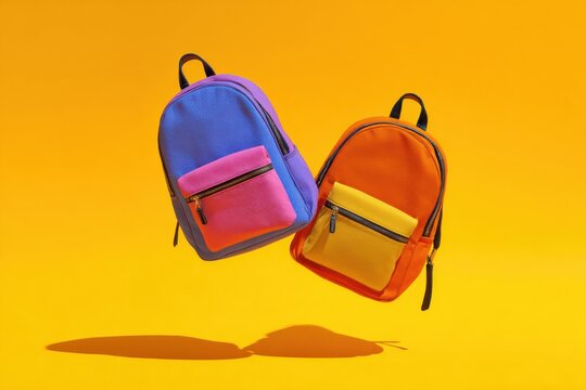 Two vibrant orange and blue backpacks floating in the air isolated on yellow background. Colorful school bags are suspending mid-air. Dynamic movement composition. product presentation, playtime - Powered by Adobe