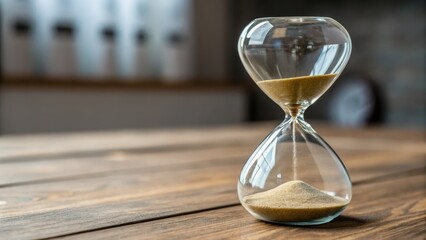 Financial investor longterm concept. An elegant hourglass on a wooden table, symbolizing the passage of time.