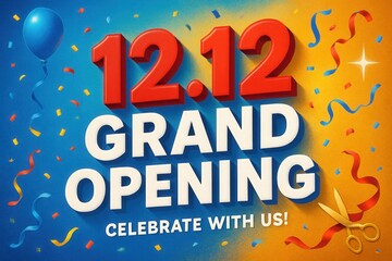 Festive grand opening announcement featuring bold red and white lettering with confetti, a balloon, and golden scissors on a vibrant blue and yellow background.