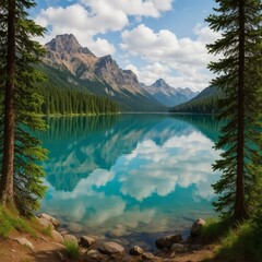 Serene Lake and Mountain Vista: A stunning mountain range reflected in a crystal-clear lake, framed by tall evergreen trees, capturing the breathtaking panorama of the natural world.