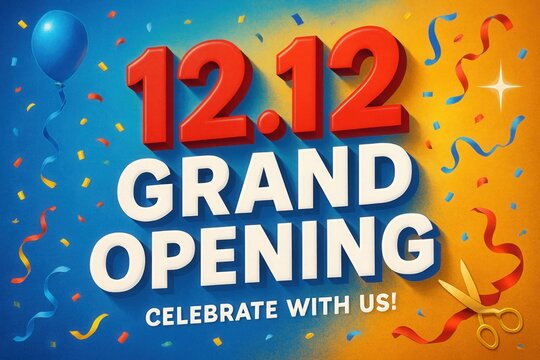 Festive grand opening announcement featuring bold red and white lettering with confetti, a balloon, and golden scissors on a vibrant blue and yellow background.