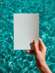 5x7 Vertical Card Mockup Held by Hand Above Pool Water