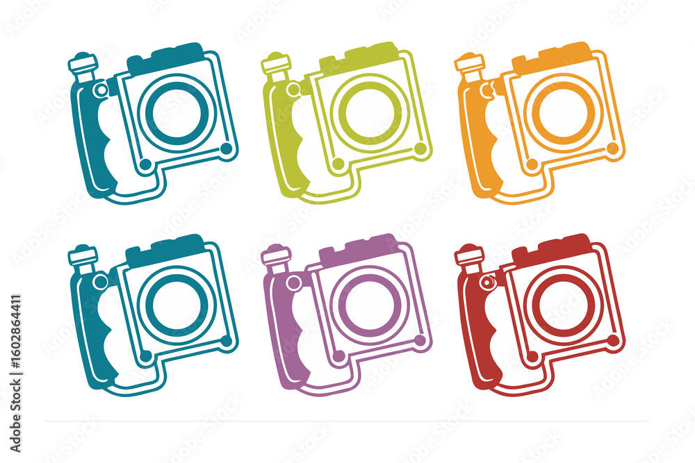 Aufkleber a vibrant collection of six retro camera illustrations in a grid pattern each rendered in a distinct