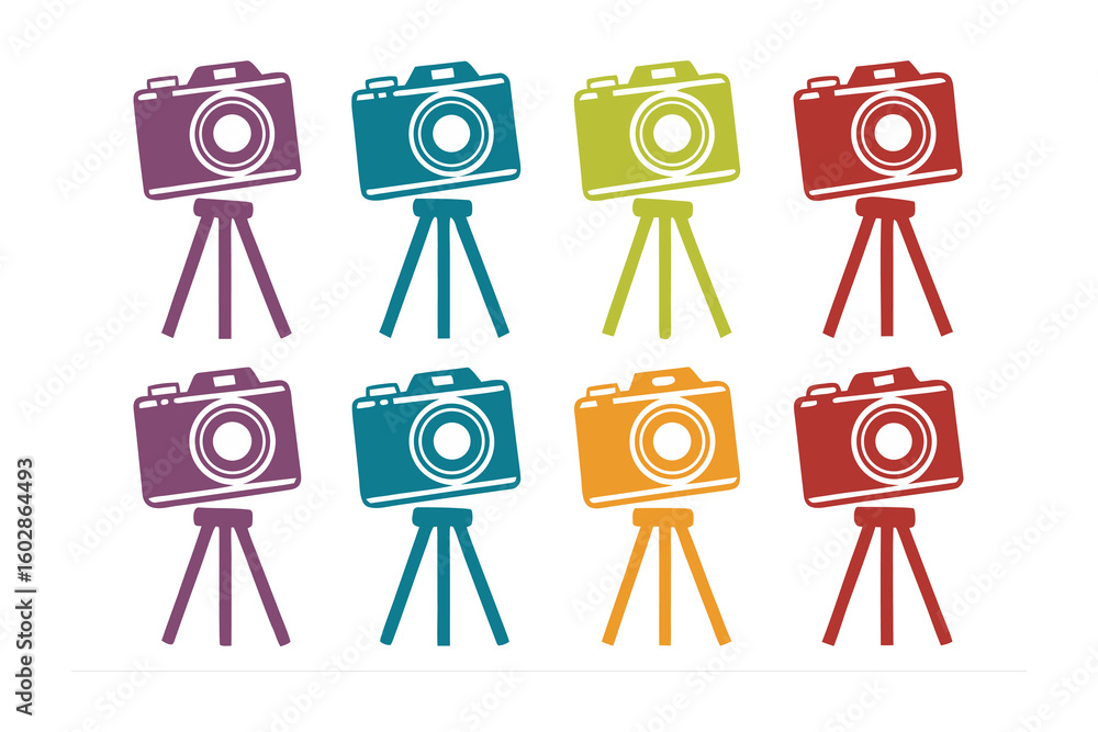 Poster a vibrant collection of retro cameras mounted on tripods displayed in two rows of colorful artistic 