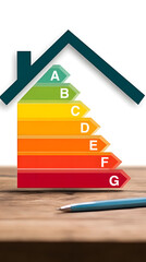 Diagnostic de performance énergétique (DPE) d'une maison présentés avec des étiquettes de classification colorées