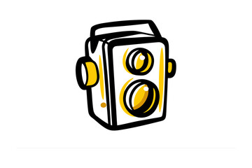 A hand drawn illustration of a vintage twin lens reflex camera with a stylized sketchy outline and yellow accents