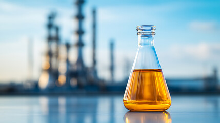 Laboratory flask filled with liquid, set against a blurred refinery background. Symbolizes science and research in the context of industrial processes.