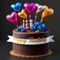 A luxurious birthday greeting card featuring a sumptuous chocolate cake decorated with vibrant blue roses, shimmering hearts and twinkling candles, creating a joyful festive mood.