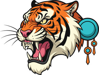 Angry roaring tiger head with sharp teeth, tribal style, fierce jungle animal illustration, wild predator vector art, detailed cartoon design