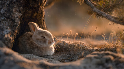 Adorable baby bunny sleeping safely in tree hollow during golden hour