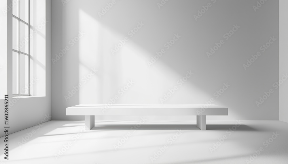Poster empty modern white studio table room: product display with copy space for displaying content, ideal 