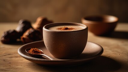 Fototapeta premium Creamy Mushroom Latte With Cacao Powder and Chocolate Foam Wellness Beverage
