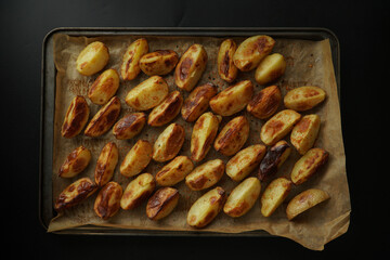 Baked potato on a metal bake tray and a dark moody black background
