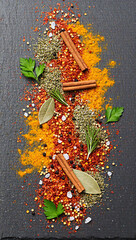 Spices and herbs scattered on black slate, intense texture and color contrast, minimal frame.  mobile wallpaper
