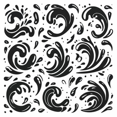 Fototapeta premium Vector set of black silhouette water splashes, waves, and droplet icons. Dynamic liquid shapes and abstract fluid symbols isolated on white.