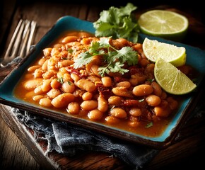 this image presents a square, turquoise plate filled with beans in a light colored sauce. sprigs of fresh herbs adorn the top of the beans