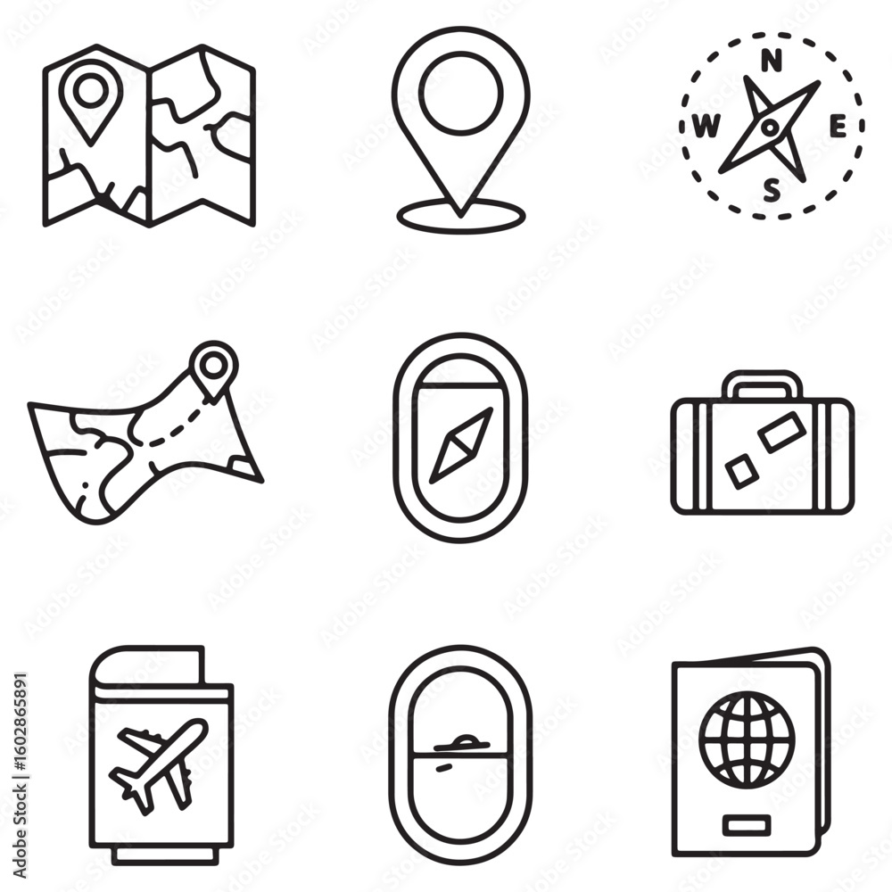 Poster set of travel icons including map compass suitcase airplane window and passport elements