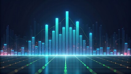 Fototapeta premium Glowing blue vertical bars and lines on dark background abstract analytics